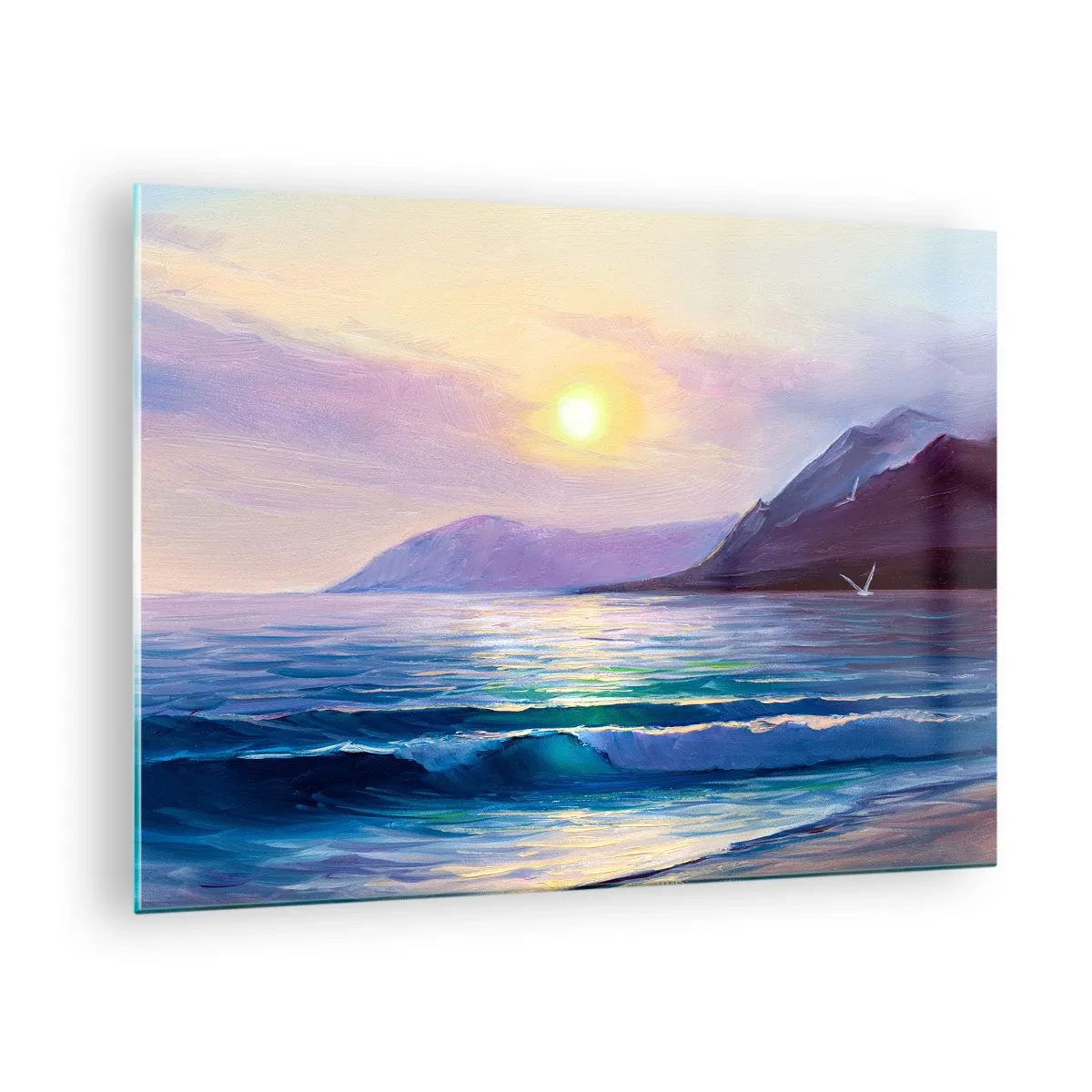 Obraz na skle - Malebný západ slunce nad klidným mořem a horami - 70x50cm - Křišťál vody a vzduchu - Moderní nástěnná dekorace do obývacího pokoje a ložnice ARTTOR