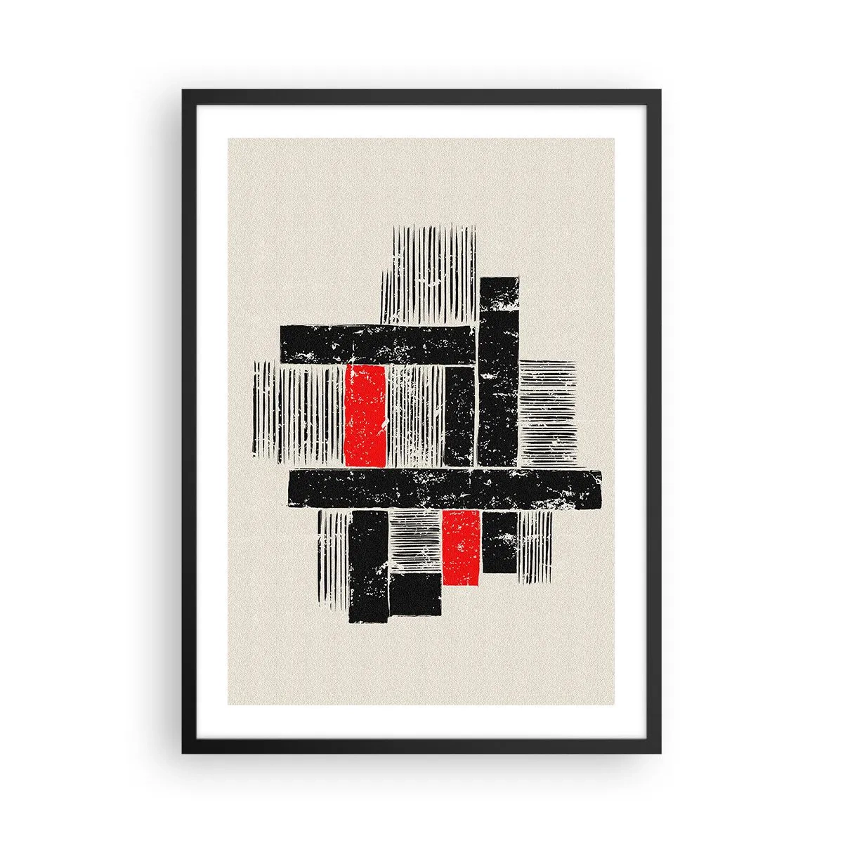 Plakát v černém rámu - Geometrická abstrakce v černé, červené a béžové barvě - 50x70cm - Červené a černé - Moderní nástěnná dekorace do obývacího pokoje a ložnice ARTTOR