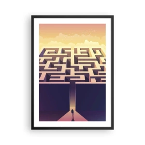 Plakát v černém rámu - Symbolický labyrint ve zlatém světle - 50x70cm - Čas rozhodnutí - Moderní nástěnná dekorace do obývacího pokoje a ložnice ARTTOR