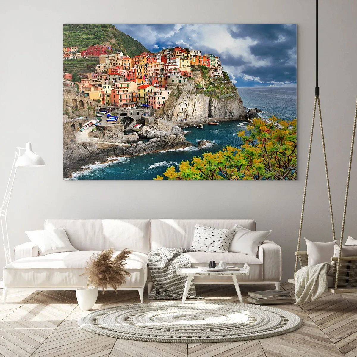 Obraz na skle - Barevné městečko na útesu u moře - 70x50cm - Hromádka přitulená ke skalám - Moderní nástěnná dekorace do obývacího pokoje a ložnice ARTTOR