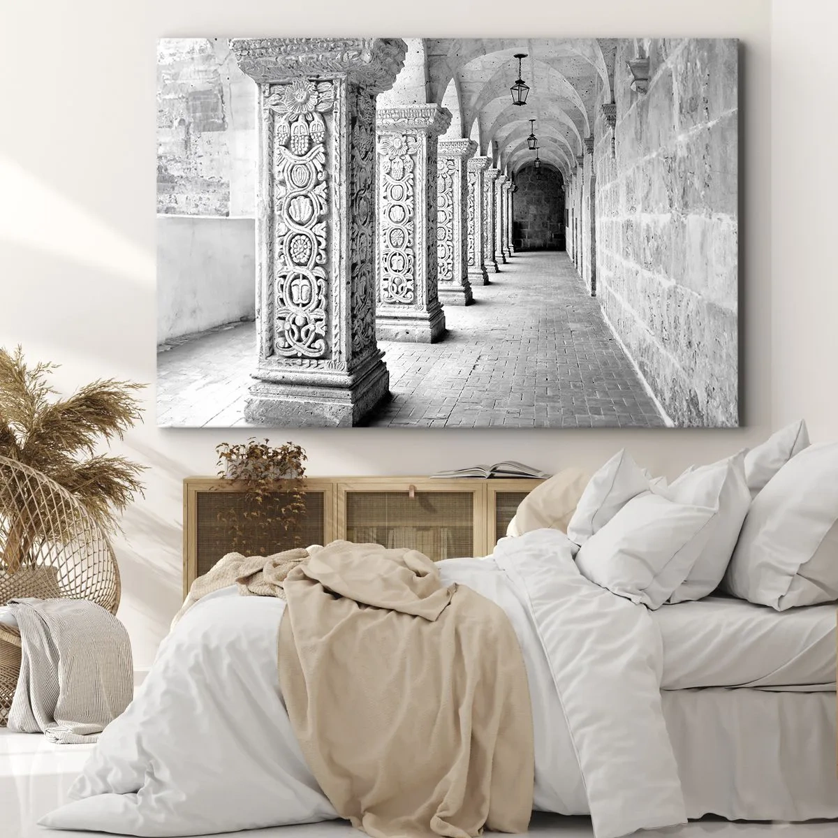 Obraz na plátně - Historické sloupy v monochromatickém záběru - 70x50cm - Kam...? - Moderní nástěnná dekorace do obývacího pokoje a ložnice ARTTOR