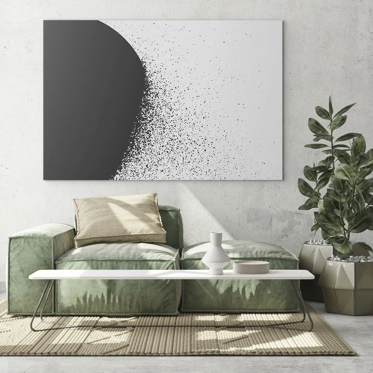 Obraz na skle - Abstrakce rozpadající se černé hmoty na bílém pozadí - 70x50cm - Pohyb částic - Moderní nástěnná dekorace do obývacího pokoje a ložnice ARTTOR