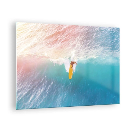 Obraz na skle - Surfař na vlně v tyrkysovém oceánu - 70x50cm - Oceanický jezdec - Moderní nástěnná dekorace do obývacího pokoje a ložnice ARTTOR