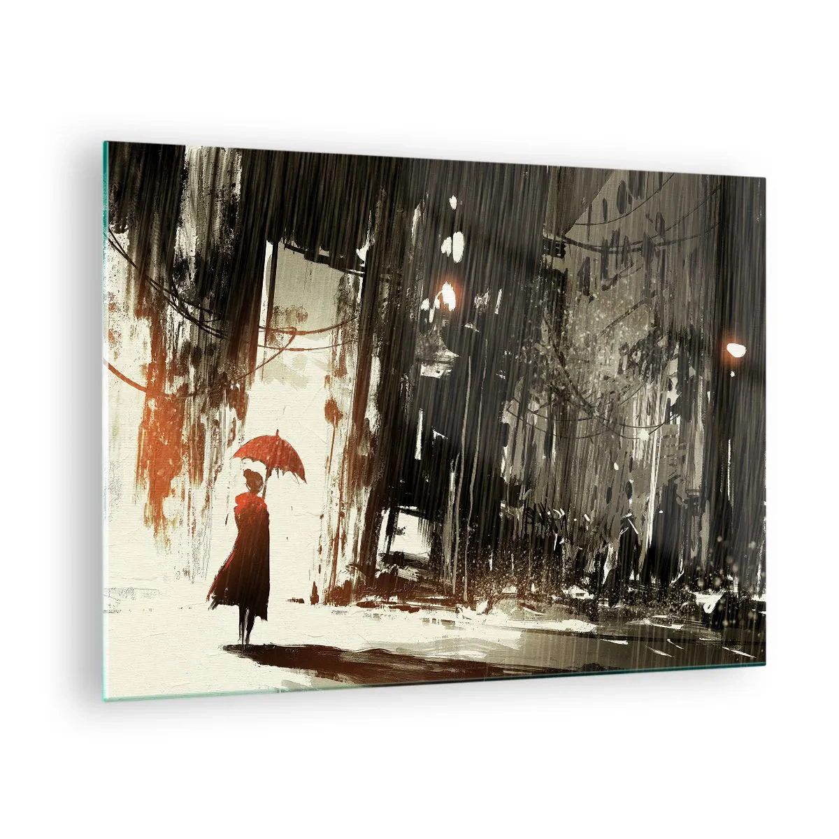 Obraz na skle - Osoba s červeným deštníkem v dešti na tmavém pozadí města. - 70x50cm - Poezie červeného deštníku - Moderní nástěnná dekorace do obývacího pokoje a ložnice ARTTOR