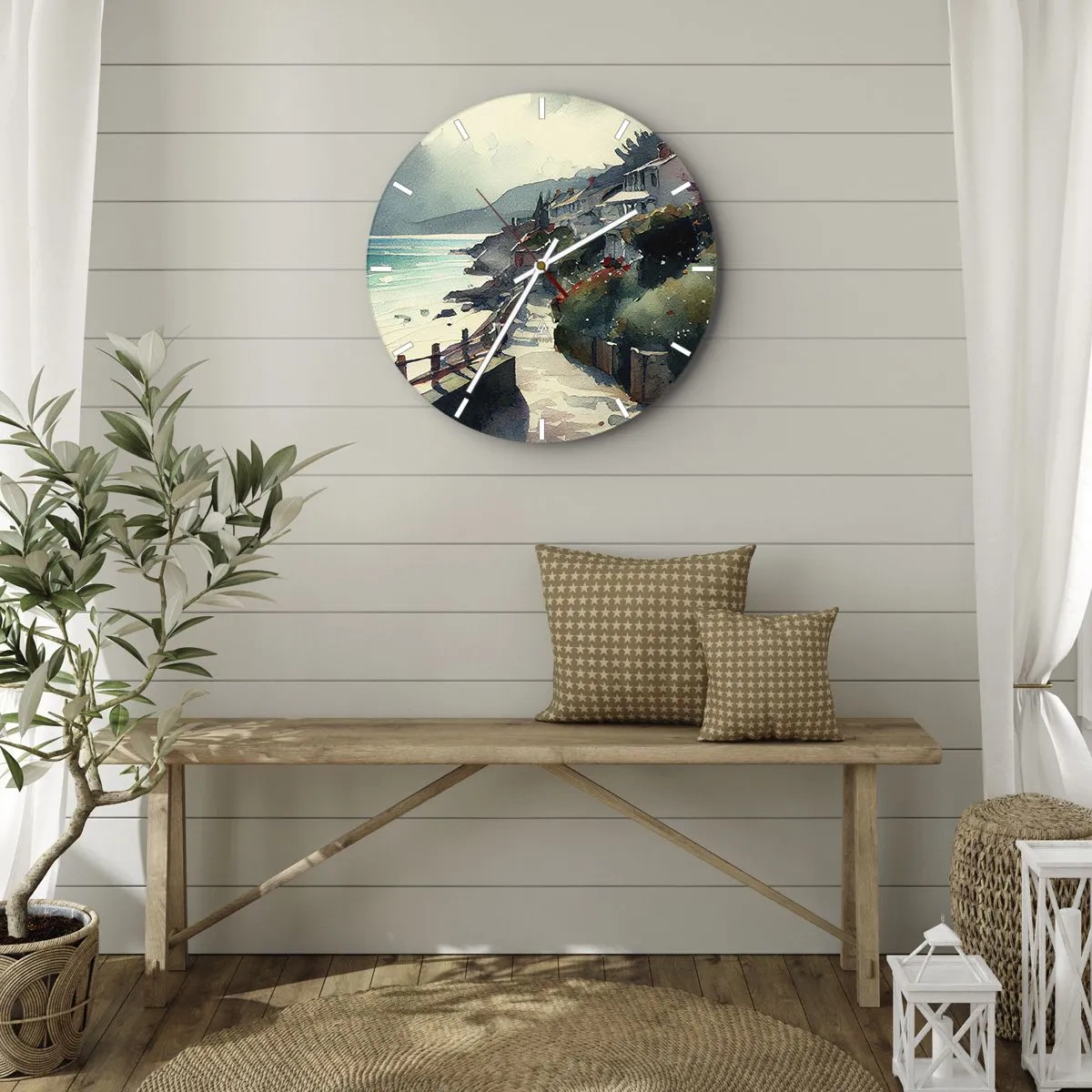 Nástěnné hodiny - Pobřežní cesta vedoucí mezi středomořskými budovami s výhledem na moře - 30x30cm - Středomořské městečko - Moderní nástěnná dekorace do obývacího pokoje, kuchyně a ložnice ARTTOR