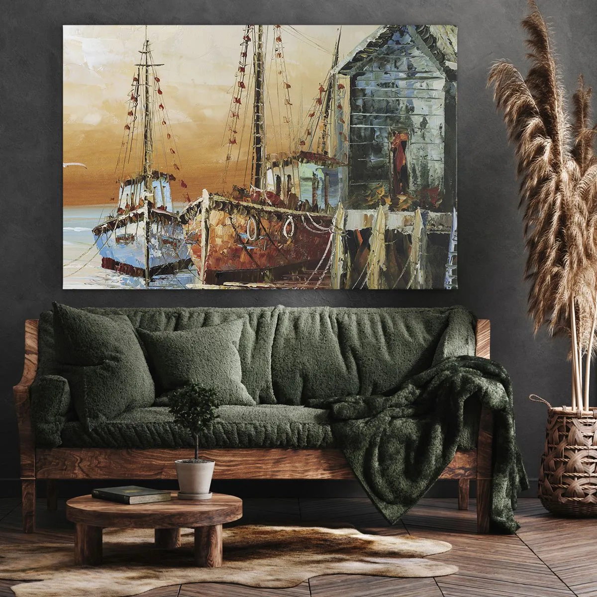 Obraz na plátně - Lodě na břehu v teplém světle západu slunce - 70x50cm - Klidný návrat - Moderní nástěnná dekorace do obývacího pokoje a ložnice ARTTOR