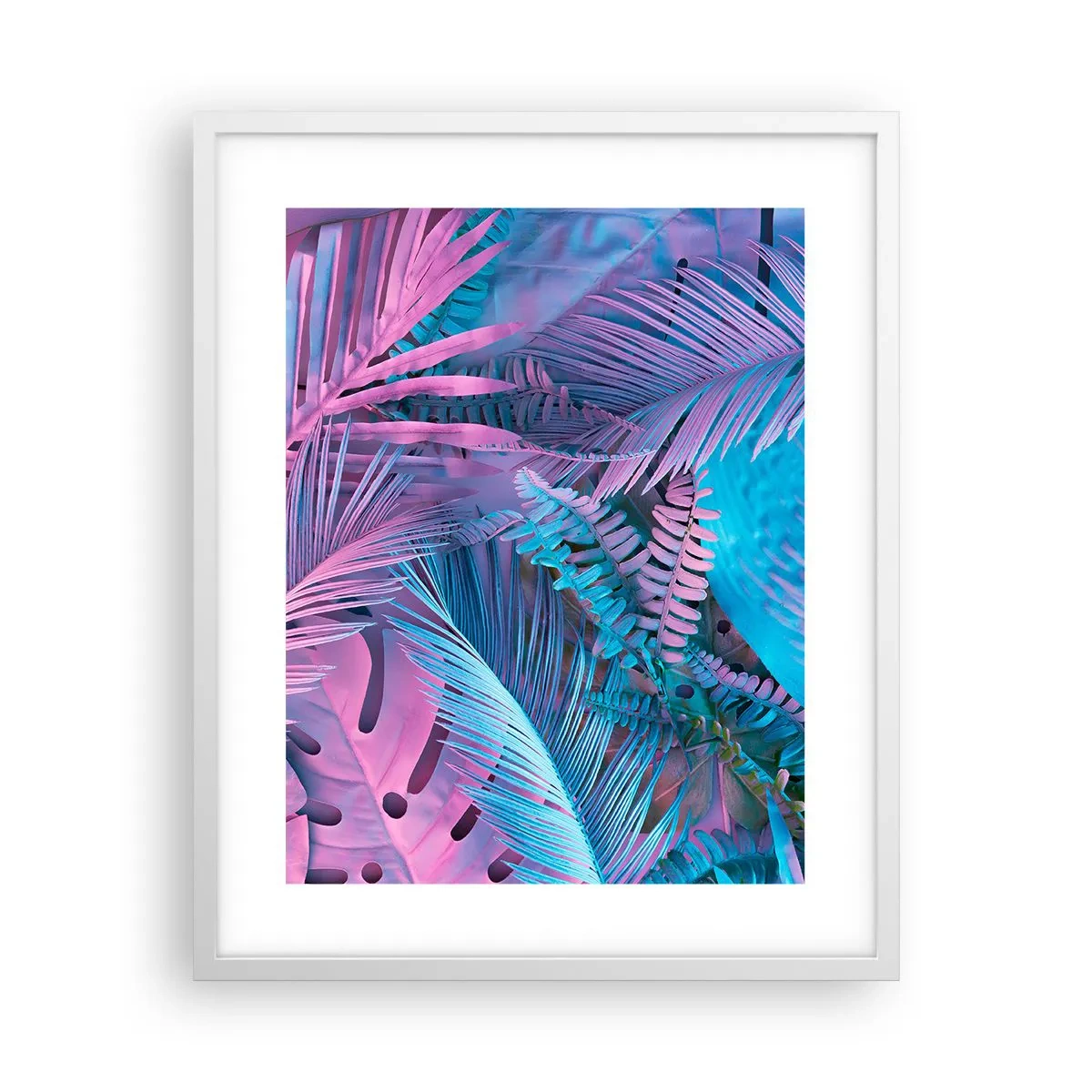 Plakát v bílém rámu - Tropy v růžové a modré - 40x50 cm