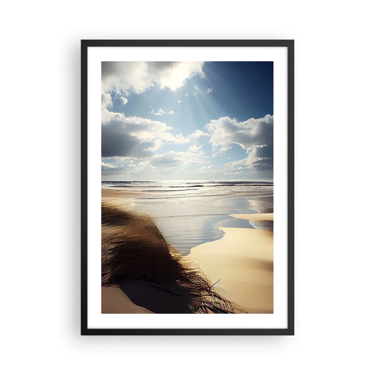 Plakát v černém rámu - Pláž při západu slunce s vlnami a mraky - 50x70cm - Pláž, divoká pláž - Moderní nástěnná dekorace do obývacího pokoje a ložnice ARTTOR