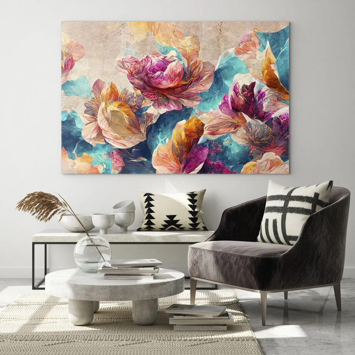 Obraz na skle - Barevné květiny na akvarelovém pozadí - 70x50cm - Barevné bohatství kytice - Moderní nástěnná dekorace do obývacího pokoje a ložnice ARTTOR