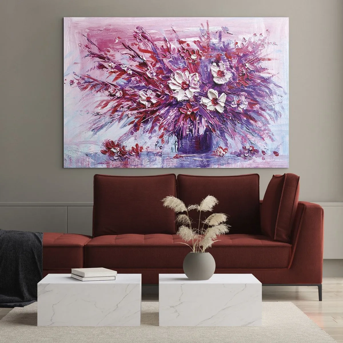 Obraz na skle - Kytice květin v odstínech růžové a fialové - 70x50cm - Nevinnost a vášeň - Moderní nástěnná dekorace do obývacího pokoje a ložnice ARTTOR