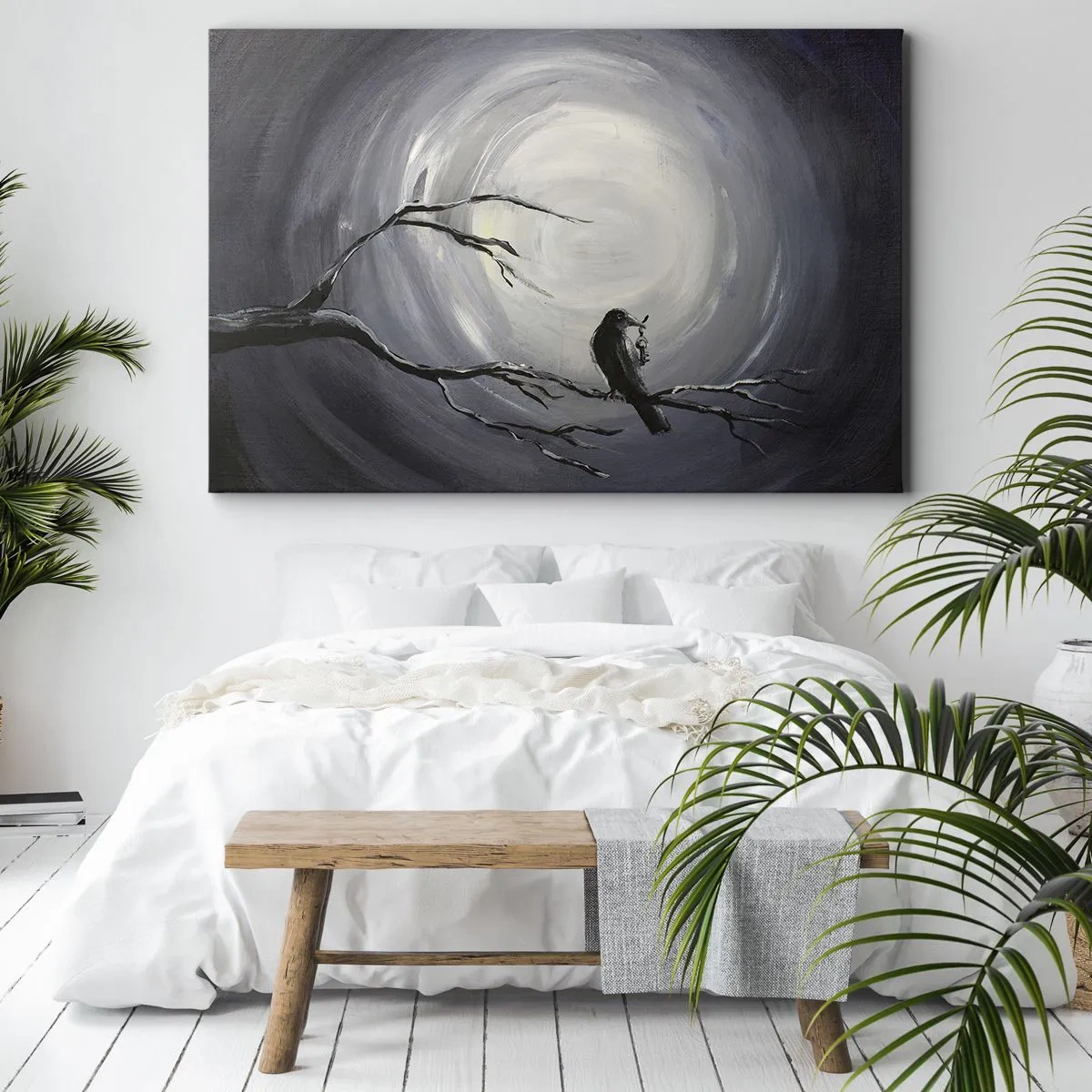 Obraz na plátně - Černý pták na větvi v měsíčním světle - 70x50cm - Klíč k tajemství noci - Moderní nástěnná dekorace do obývacího pokoje a ložnice ARTTOR