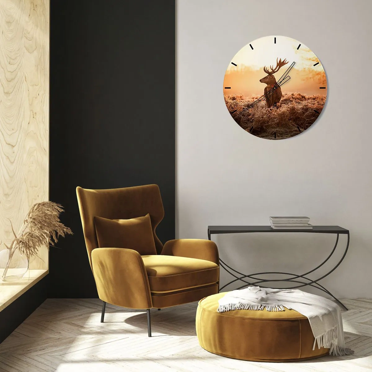 Nástěnné hodiny - Jelen v ranní mlze v teplých odstínech zlata - 30x30cm - Pán na panství - Moderní nástěnná dekorace do obývacího pokoje, kuchyně a ložnice ARTTOR