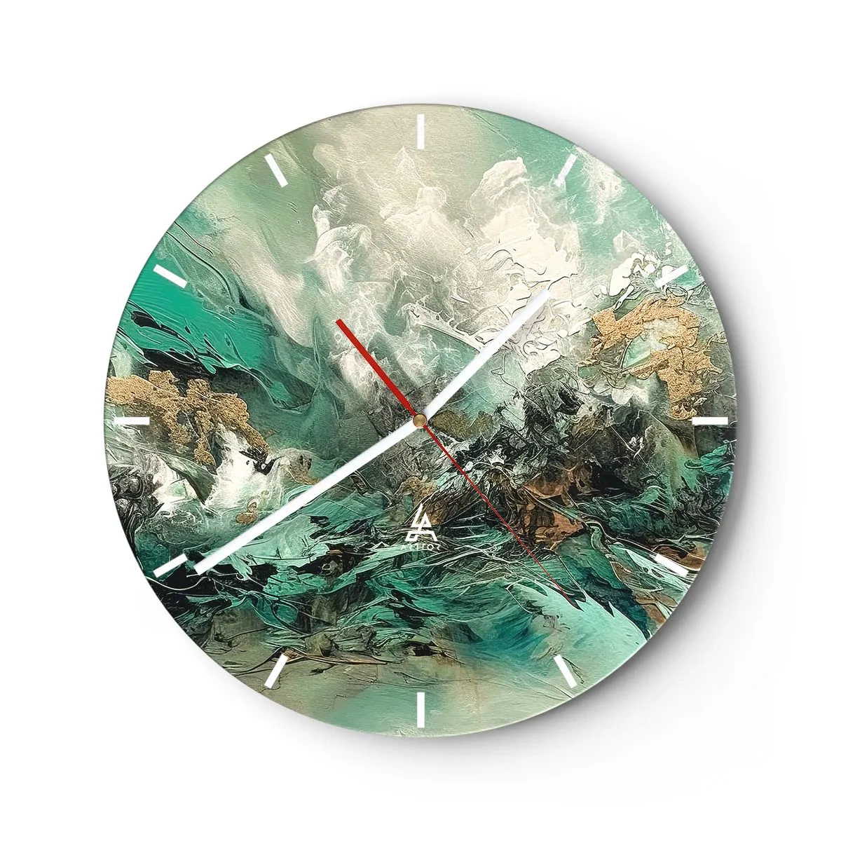 Nástěnné hodiny - Dynamická abstrakce v zelené, bílé a zlaté barvě - 30x30cm - Smaragdově černé vlnobití - Moderní nástěnná dekorace do obývacího pokoje, kuchyně a ložnice ARTTOR