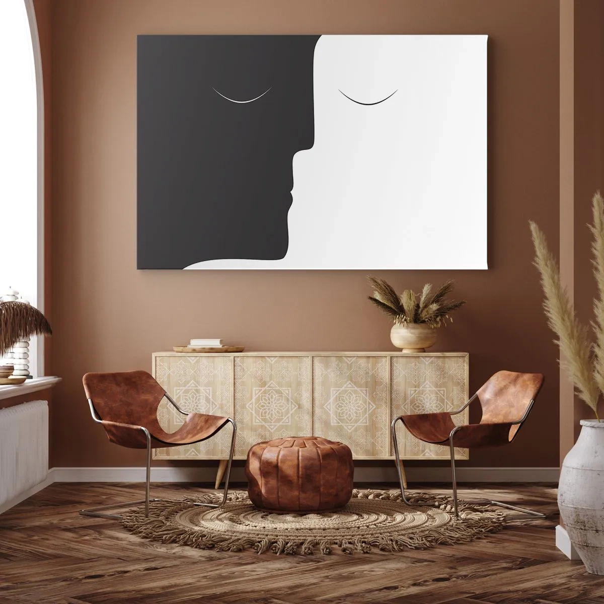 Obraz na plátně - Minimalistická silueta dvou tváří v kontrastních barvách. - 70x50cm - Jednota protikladů - Moderní nástěnná dekorace do obývacího pokoje a ložnice ARTTOR