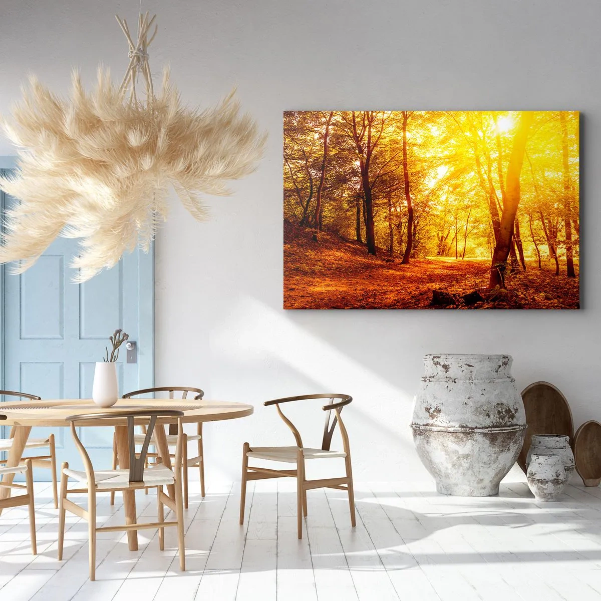 Obraz na plátně - Podzimní mýtina ve zlatavém slunci s lesní cestou - 70x50cm - Ke zlaté mýtině - Moderní nástěnná dekorace do obývacího pokoje a ložnice ARTTOR