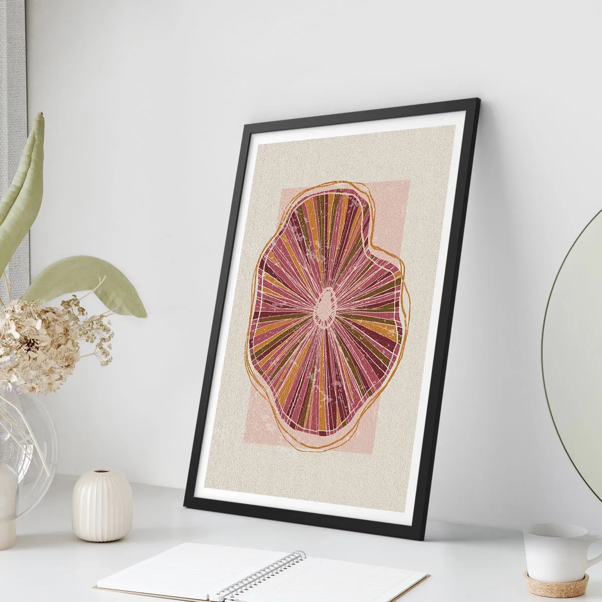 Plakát v černém rámu - Abstraktní průřez stromem v odstínech růžové a hnědé. - 50x70cm - Radiální abstrakce - Moderní nástěnná dekorace do obývacího pokoje a ložnice ARTTOR