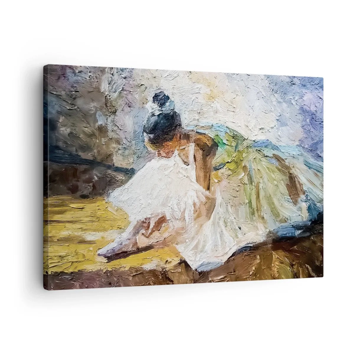 Obraz na plátně - Baletka v bílých šatech v malířském stylu na impresionistickém pozadí. - 70x50cm - Z Degasova obrazu - Moderní nástěnná dekorace do obývacího pokoje a ložnice ARTTOR