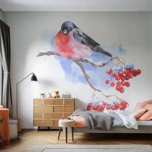 Fototapeta Standard Eco - Barevná zima - Pták Na Větvi, Červená jeřabina, Grafika - 350x256 cm