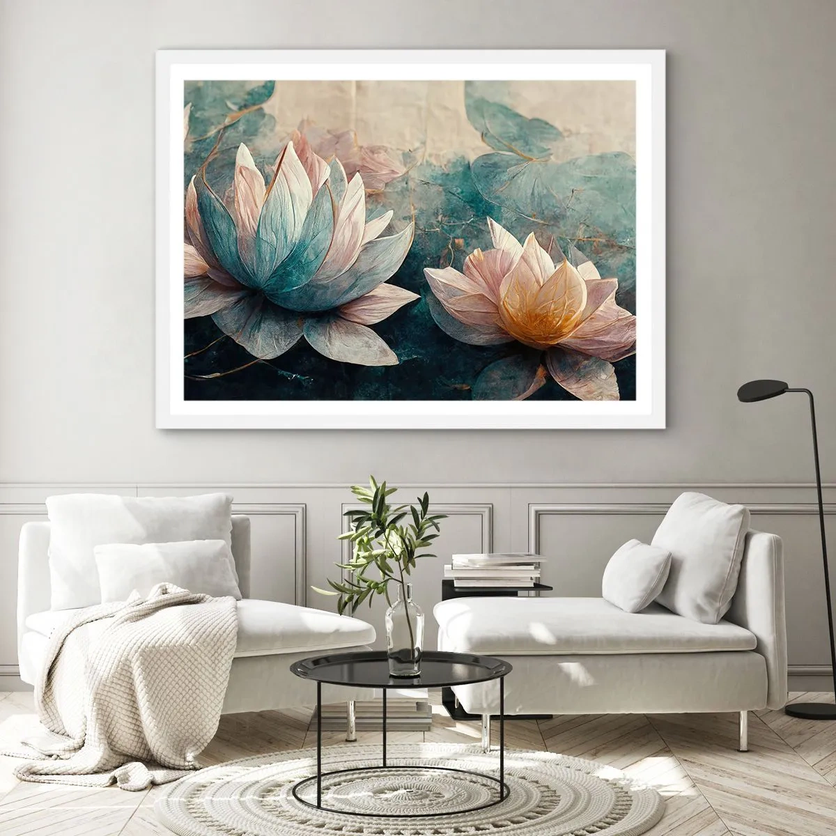 Plakát v bílém rámu - Hvězdy a jezero - 40x30 cm