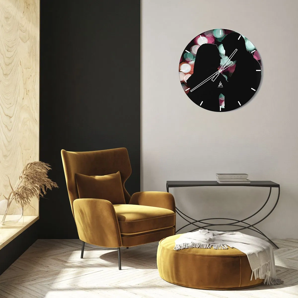 Nástěnné hodiny - Siluety páru na pozadí barevných bokeh světel - 30x30cm - Ano! - Moderní nástěnná dekorace do obývacího pokoje, kuchyně a ložnice ARTTOR
