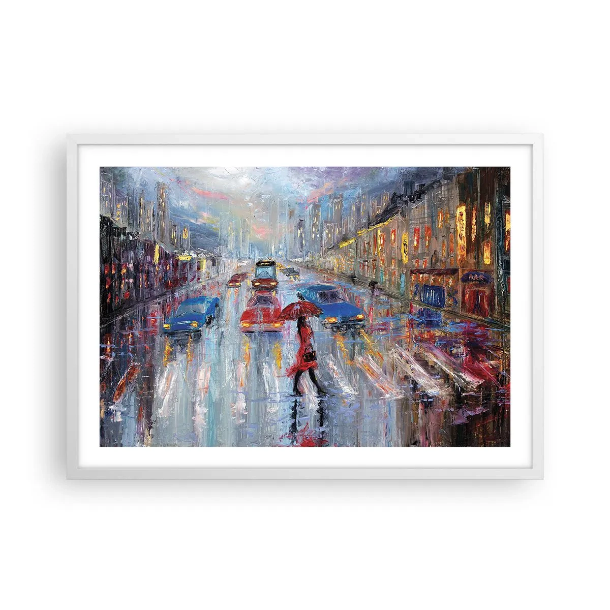 Plakát v bílém rámu - Deštivé odpoledne ve městě - 70x50 cm