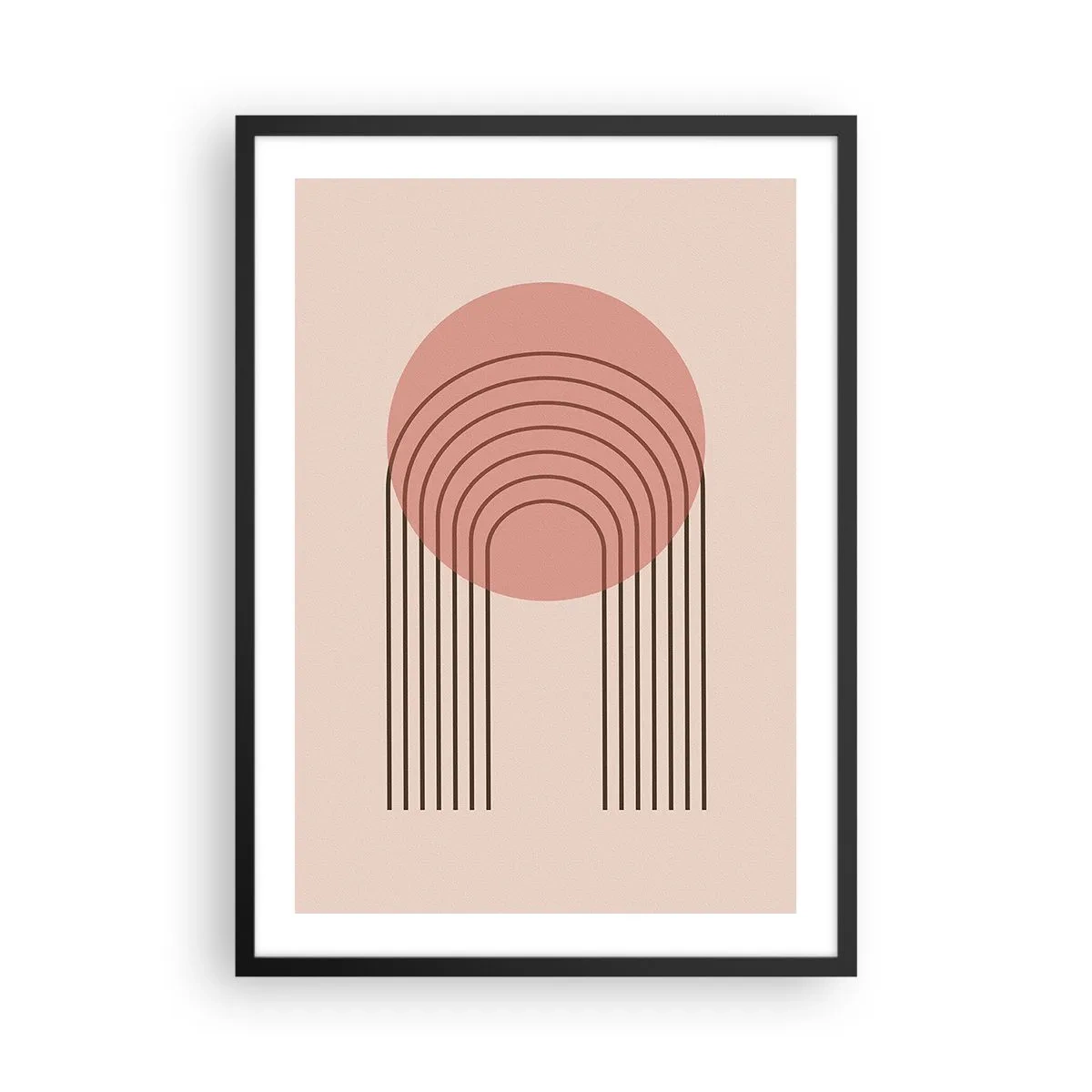 Plakát v černém rámu - Minimalistická abstrakce s oblouky v odstínech růžové a béžové. - 50x70cm - Neodolatelná přitažlivost - Moderní nástěnná dekorace do obývacího pokoje a ložnice ARTTOR