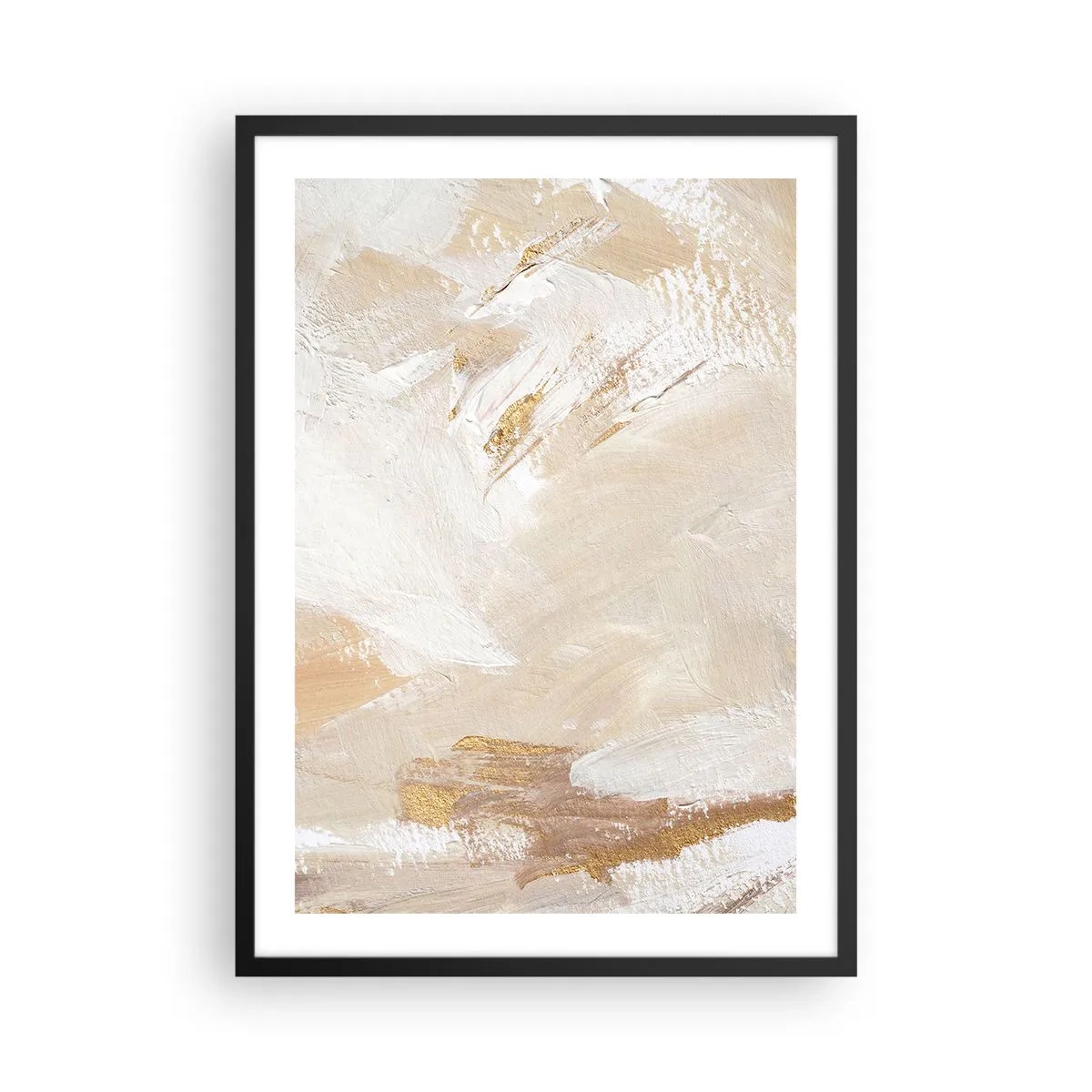 Plakát v černém rámu - Abstraktní tahy štětcem v béžové a zlaté barvě - 50x70cm - Pastelová kompozice - Moderní nástěnná dekorace do obývacího pokoje a ložnice ARTTOR
