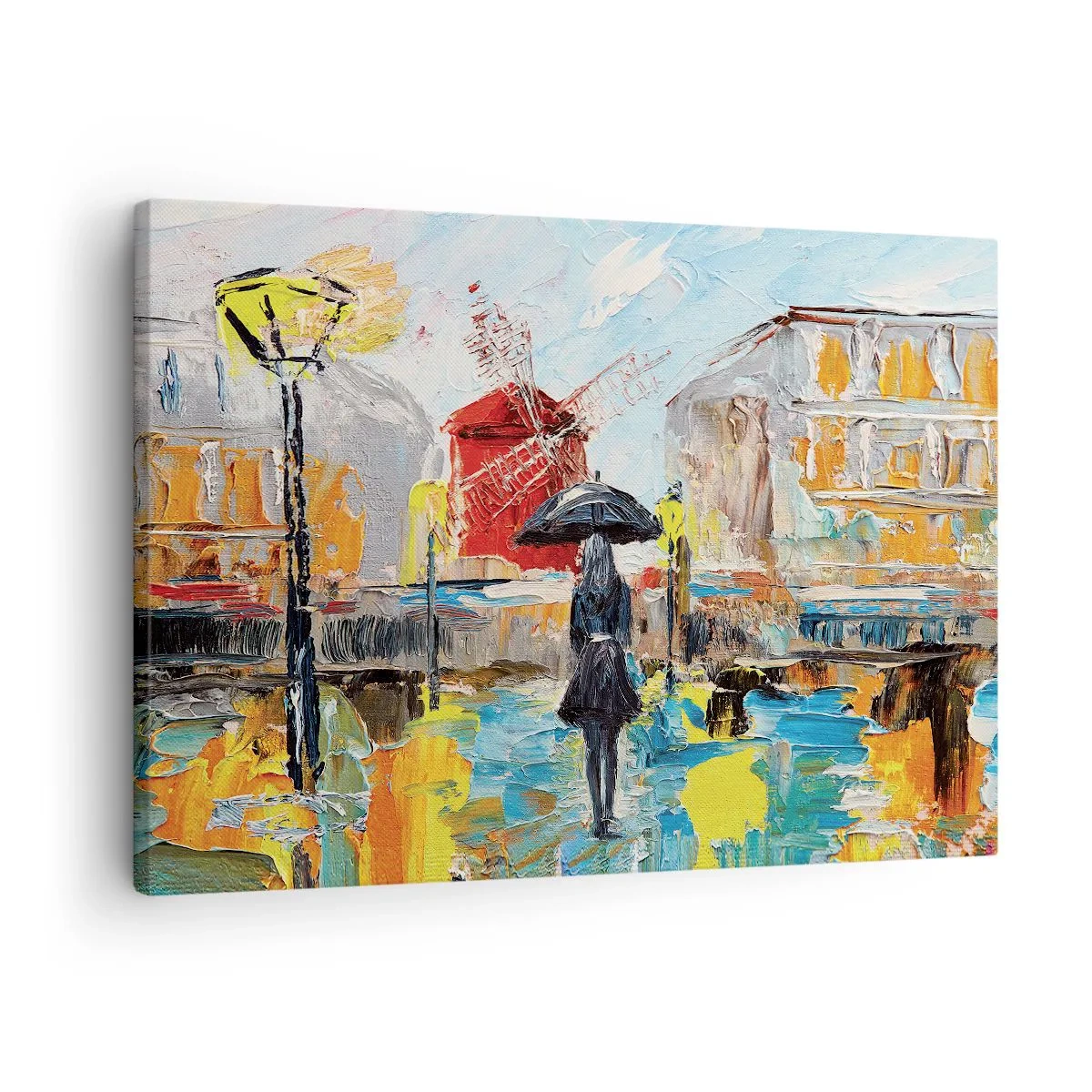 Obraz na plátně - Malebná scéna s deštníkem na pozadí Paříže v zářivých barvách. - 70x50cm - Pařížské legendy - Moderní nástěnná dekorace do obývacího pokoje a ložnice ARTTOR