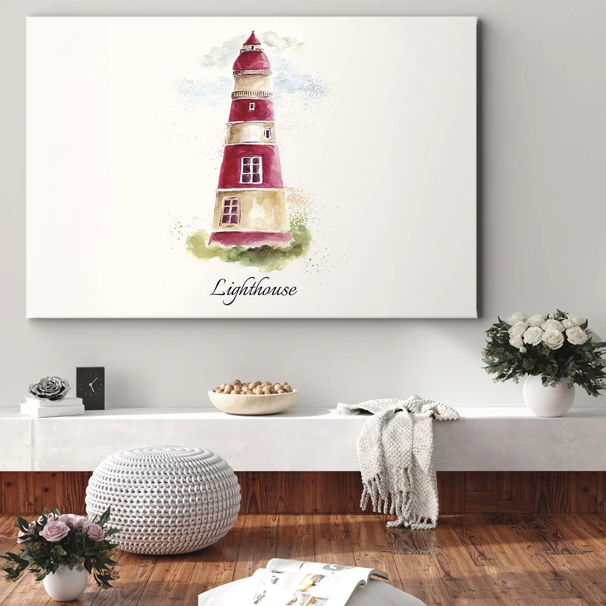 Obraz na plátně - Akvarelový obraz majáku na světlém pozadí s nápisem - 70x50cm - Tady je vždy počasí - Moderní nástěnná dekorace do obývacího pokoje a ložnice ARTTOR