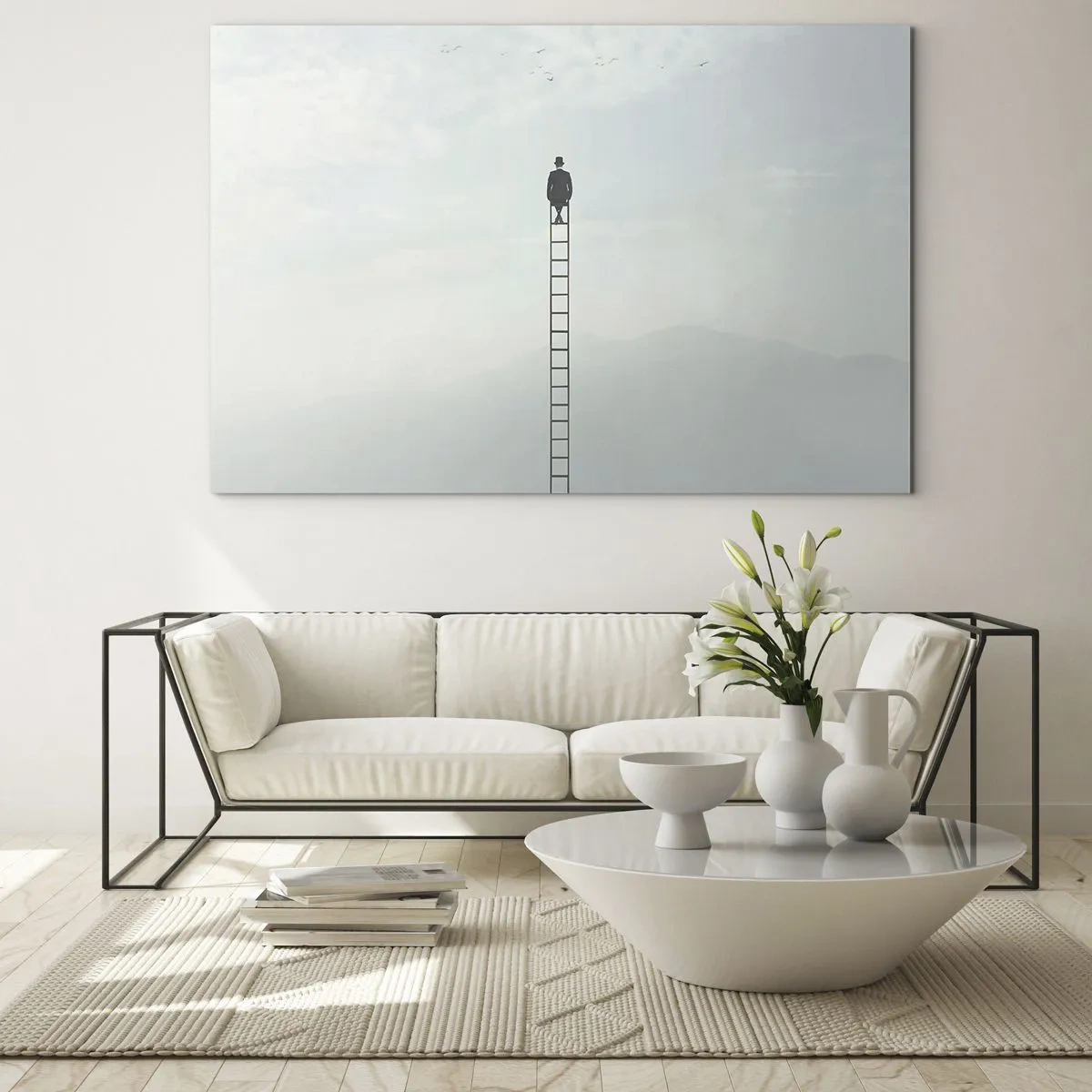 Obraz na skle - Silueta muže na vrcholu žebříku v oblacích - 70x50cm - Povznést se nad to - Moderní nástěnná dekorace do obývacího pokoje a ložnice ARTTOR
