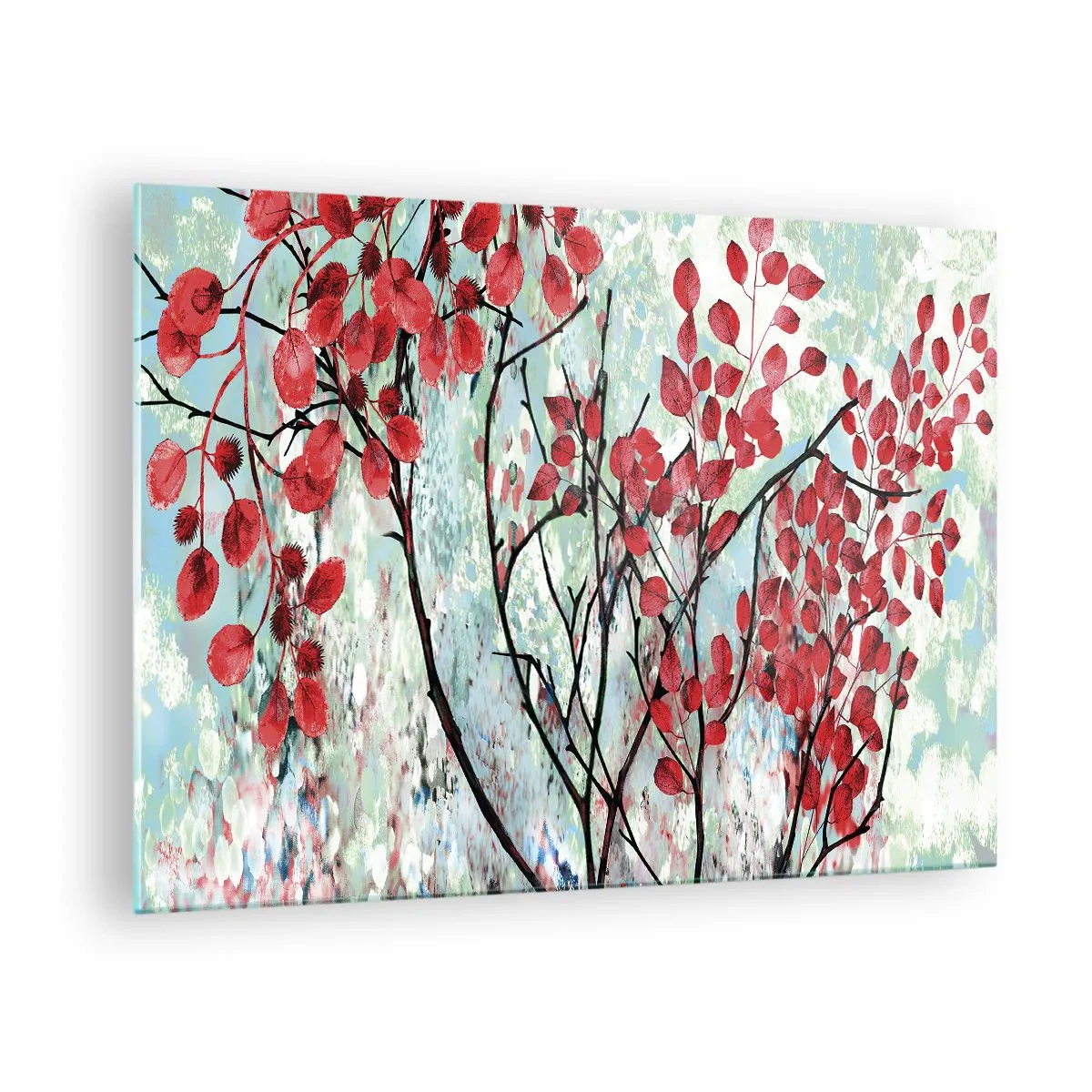 Obraz na skle - Větve s červenými listy na malovaném pozadí - 70x50cm - Strom v šarlatové - Moderní nástěnná dekorace do obývacího pokoje a ložnice ARTTOR
