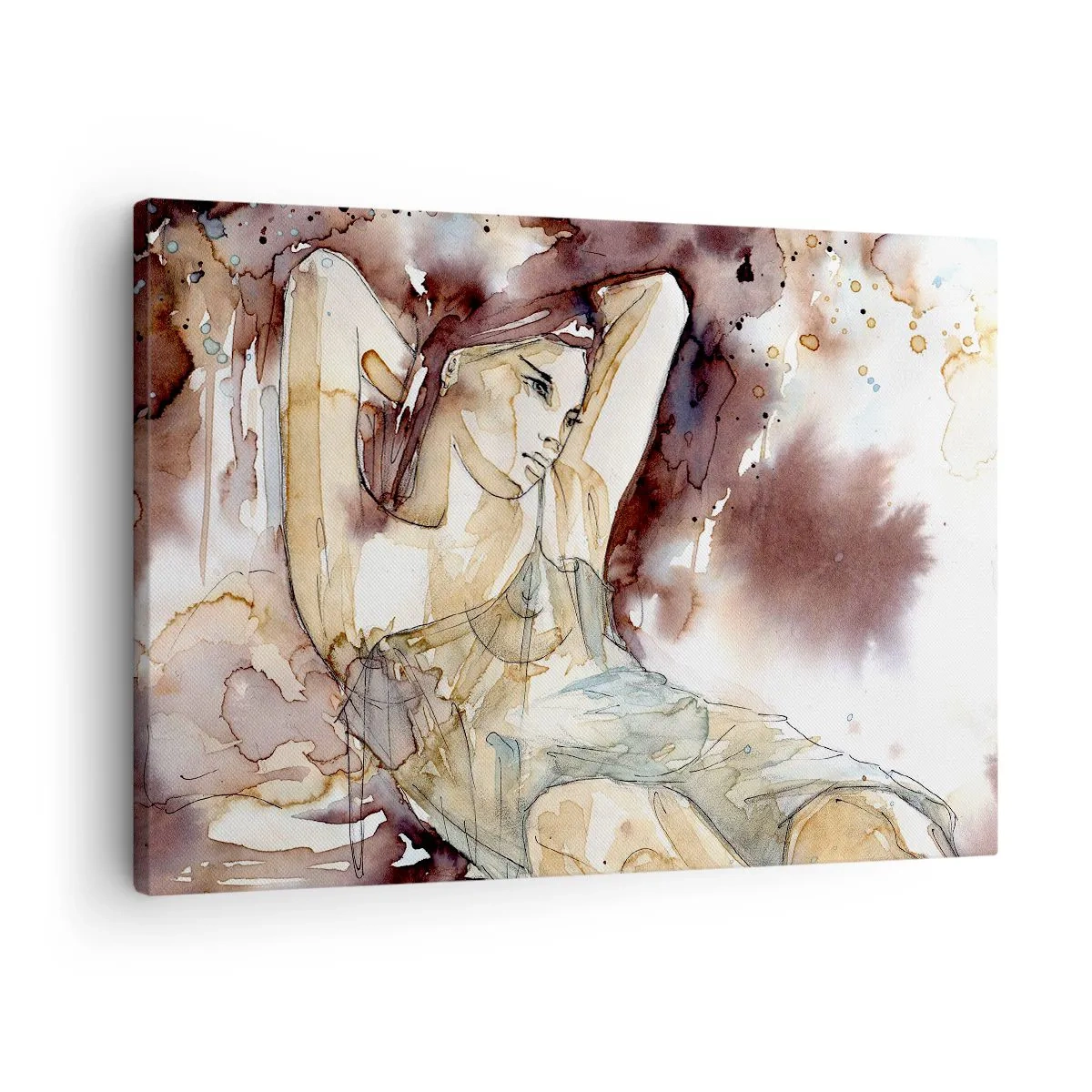 Obraz na plátně - Žena v uměleckém stylu akvarelu s hnědým pozadím - 70x50cm - V náladě lila - Moderní nástěnná dekorace do obývacího pokoje a ložnice ARTTOR