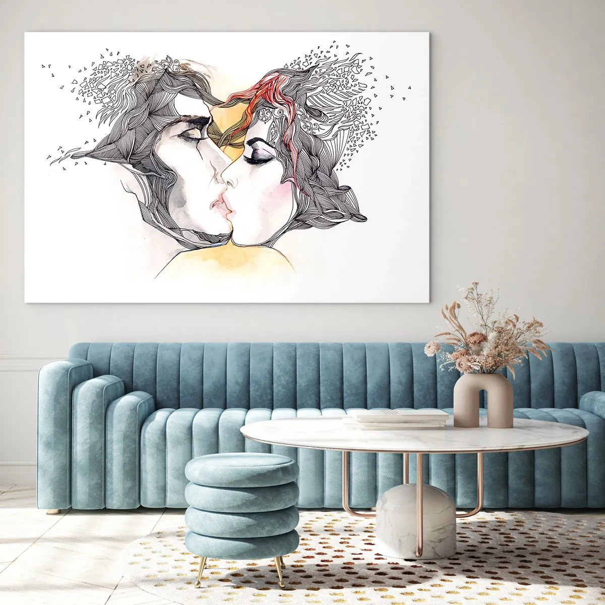 Obraz na skle - Abstraktní pár líbání s uměleckými vzory - 70x50cm - Svět neexistuje - Moderní nástěnná dekorace do obývacího pokoje a ložnice ARTTOR