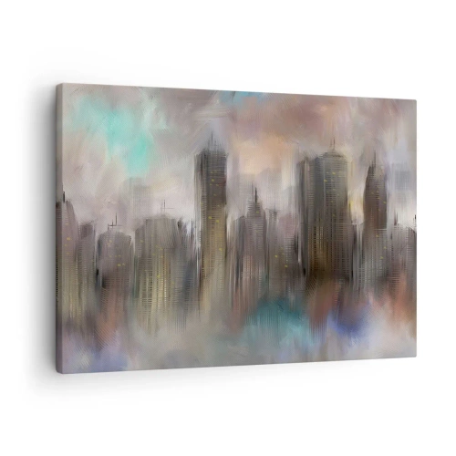 Obraz na plátně - Umělecká vize městské krajiny s mrakodrapy v pastelových barvách. - 70x50cm - Kompozice z oceli, kamene a mlhy - Moderní nástěnná dekorace do obývacího pokoje a ložnice ARTTOR