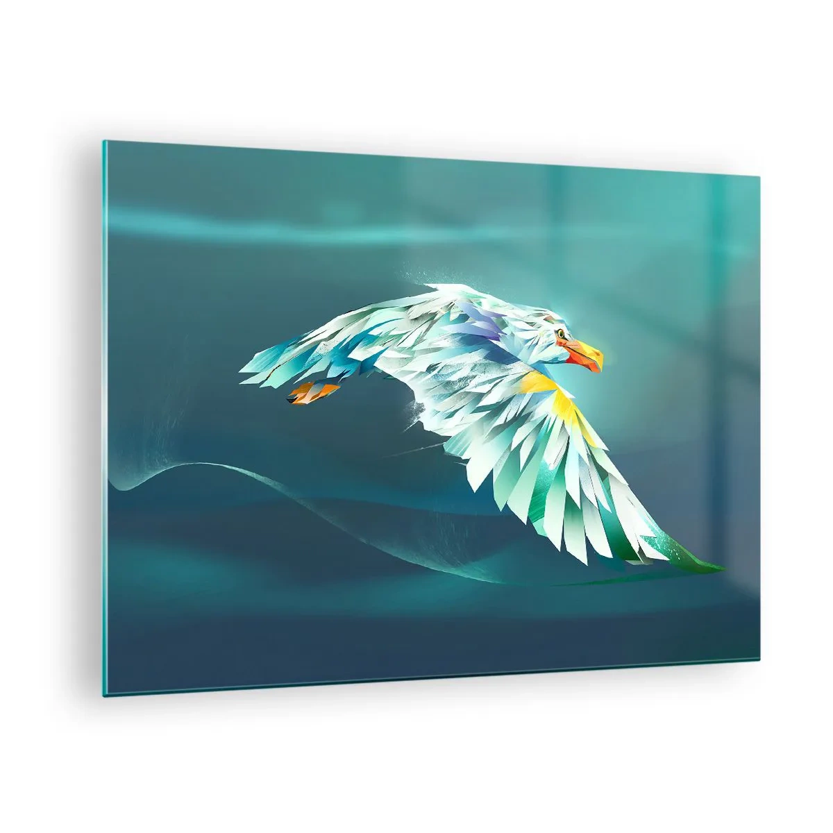 Obraz na skle - Abstraktní obraz orla v odstínech modré a bílé na pozadí vln. - 70x50cm - Orlí síla tvých letů - Moderní nástěnná dekorace do obývacího pokoje a ložnice ARTTOR