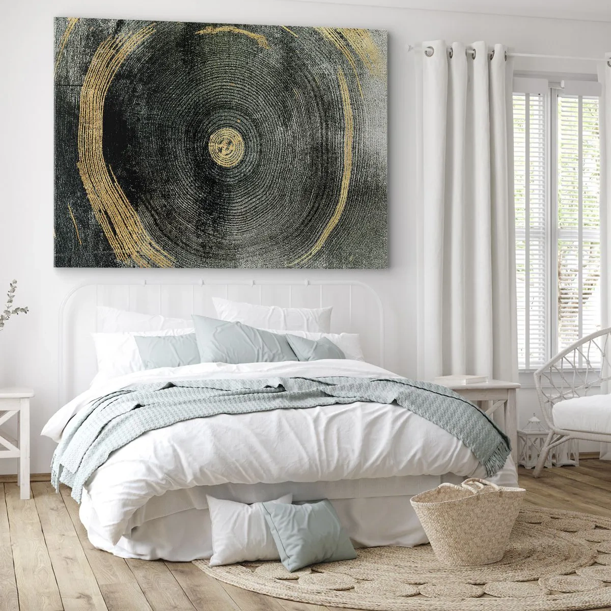 Obraz na plátně - Soustředné kruhy se zlatými akcenty - 70x50cm - Změna a udržitelnost - Moderní nástěnná dekorace do obývacího pokoje a ložnice ARTTOR