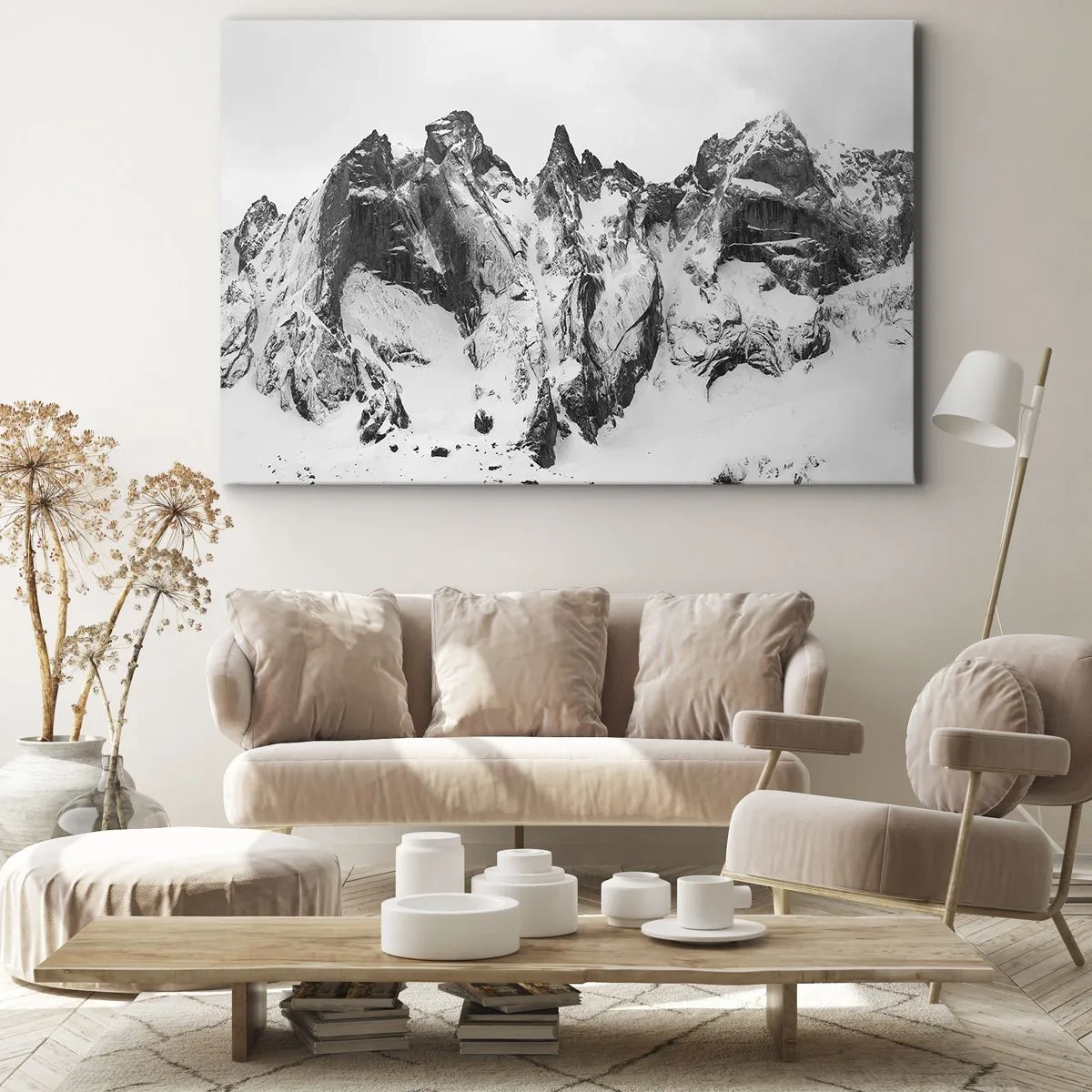 Obraz na plátně - Černobílé zasněžené horské vrcholky - 70x50cm - Hrozivý žulový hřeben - Moderní nástěnná dekorace do obývacího pokoje a ložnice ARTTOR