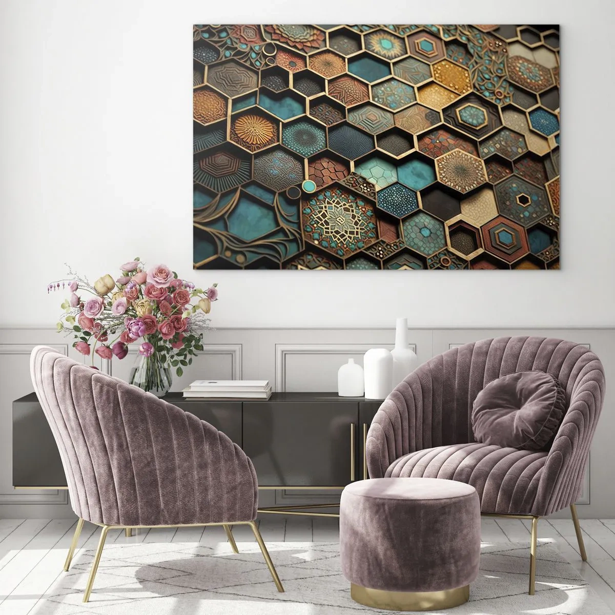 Obraz na skle - Mozaika s geometrickými vzory v orientálním stylu - 70x50cm - Arabské ornamenty – variace - Moderní nástěnná dekorace do obývacího pokoje a ložnice ARTTOR