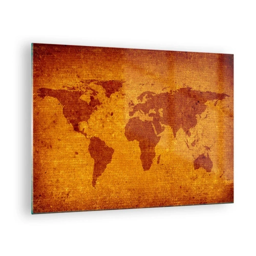 Obraz na skle - Mapa světa v teplých, sépiových barvách - 70x50cm - Pozvánka na cestování - Moderní nástěnná dekorace do obývacího pokoje a ložnice ARTTOR
