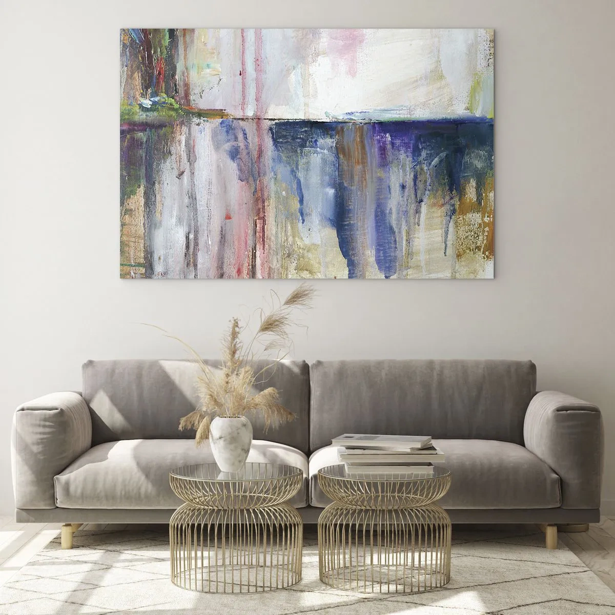 Obraz na skle - Barevná abstrakce s dynamickými pruhy a texturami barvy. - 70x50cm - Barevné dojmy a asociace - Moderní nástěnná dekorace do obývacího pokoje a ložnice ARTTOR