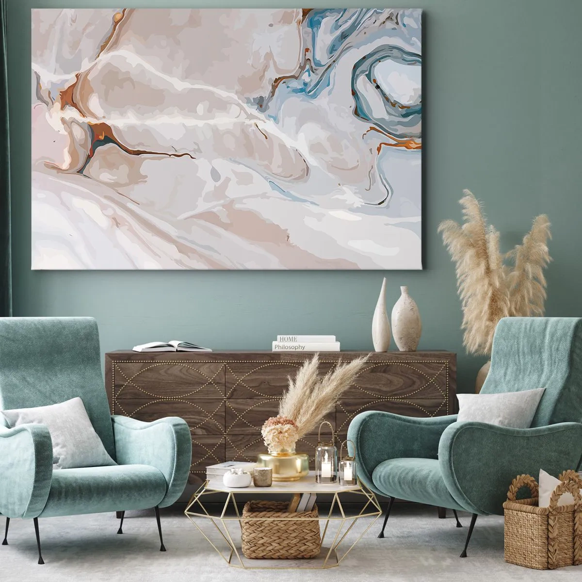 Obraz na plátně - Abstraktní vzor v odstínech bílé a modré - 70x50cm - Modré meandry pod bílou - Moderní nástěnná dekorace do obývacího pokoje a ložnice ARTTOR
