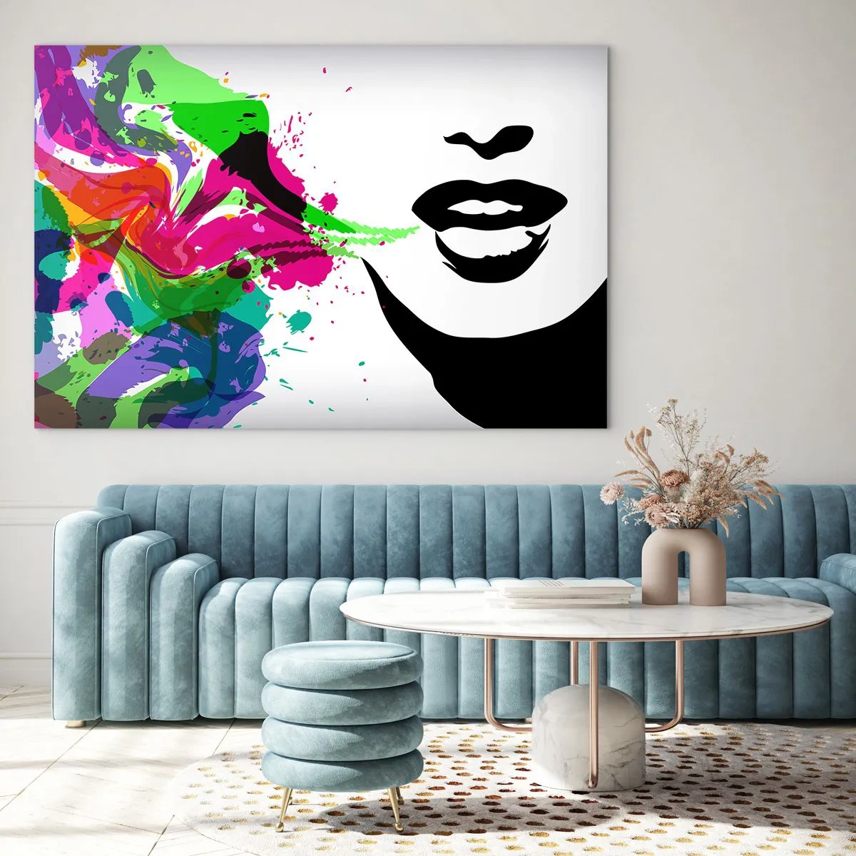 Obraz na skle - Barevná abstrakce s ženským profilem a barevnými cákanci. - 70x50cm - Vyprávění v barvách duhy - Moderní nástěnná dekorace do obývacího pokoje a ložnice ARTTOR