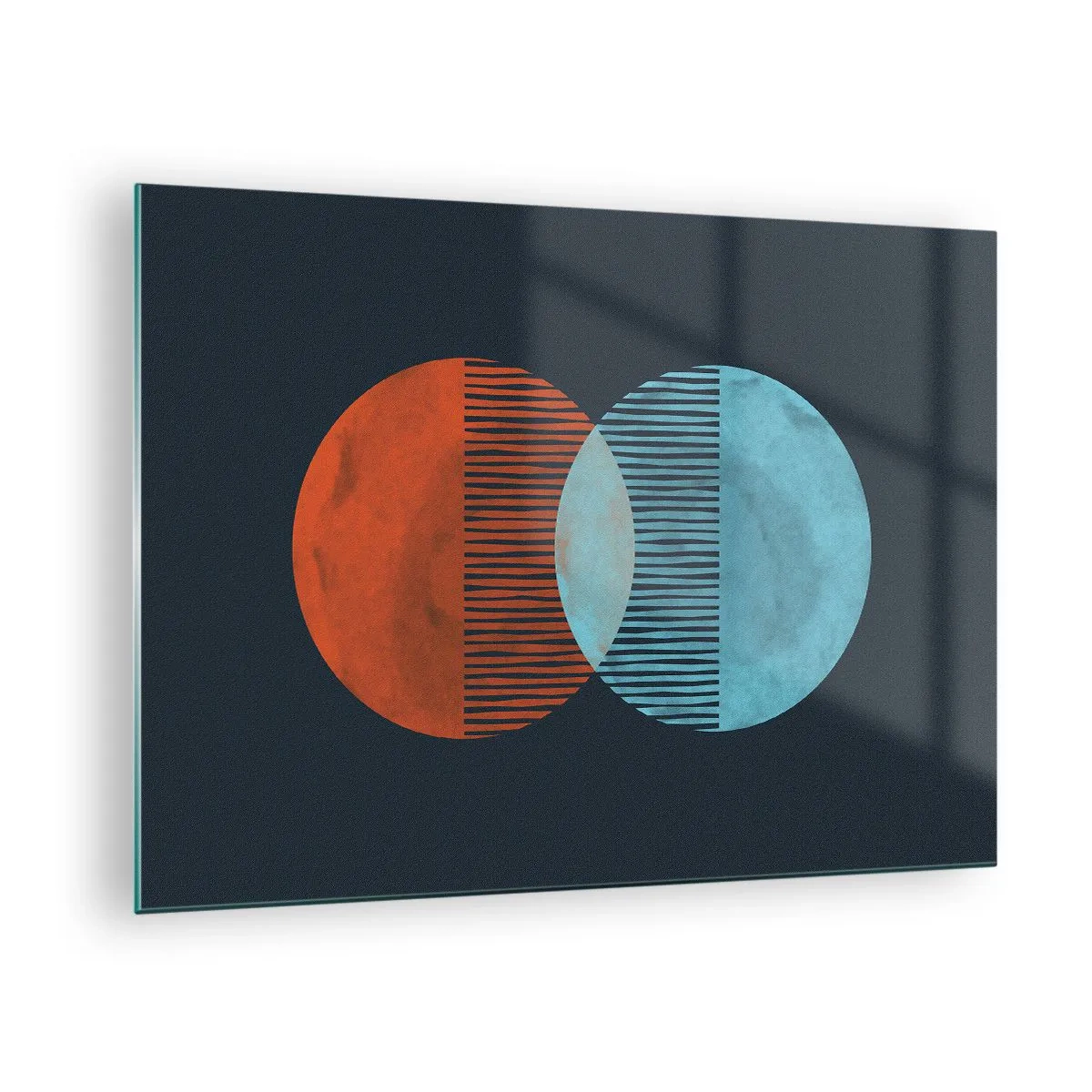 Obraz na skle - Dvě protínající se barevné planety s geometrickým vzorem - 70x50cm - Astronomická fantazie - Moderní nástěnná dekorace do obývacího pokoje a ložnice ARTTOR