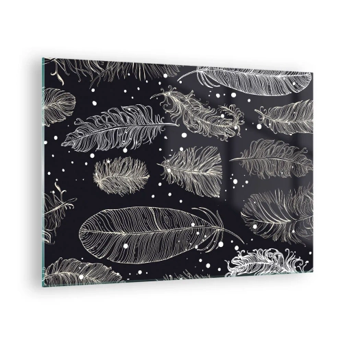 Obraz na skle - Bílé peří na černém pozadí s jemnými detaily - 70x50cm - Krajka s peřím - Moderní nástěnná dekorace do obývacího pokoje a ložnice ARTTOR