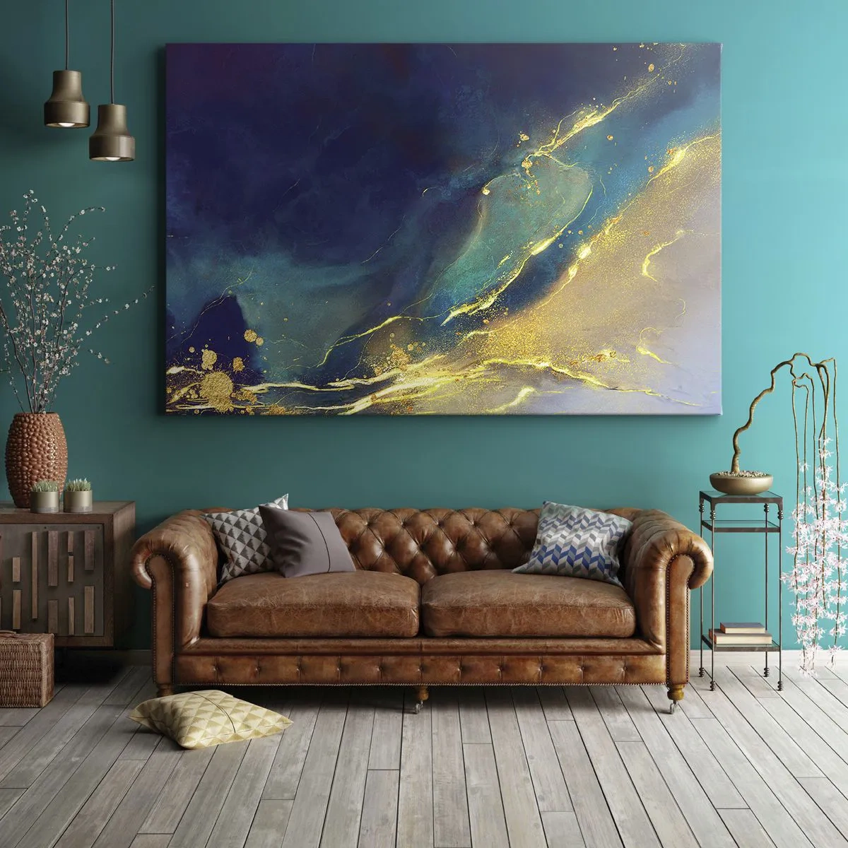 Obraz na plátně - Abstraktní kompozice v odstínech modré a zlaté na plátně - 70x50cm - Zlatý močál - Moderní nástěnná dekorace do obývacího pokoje a ložnice ARTTOR