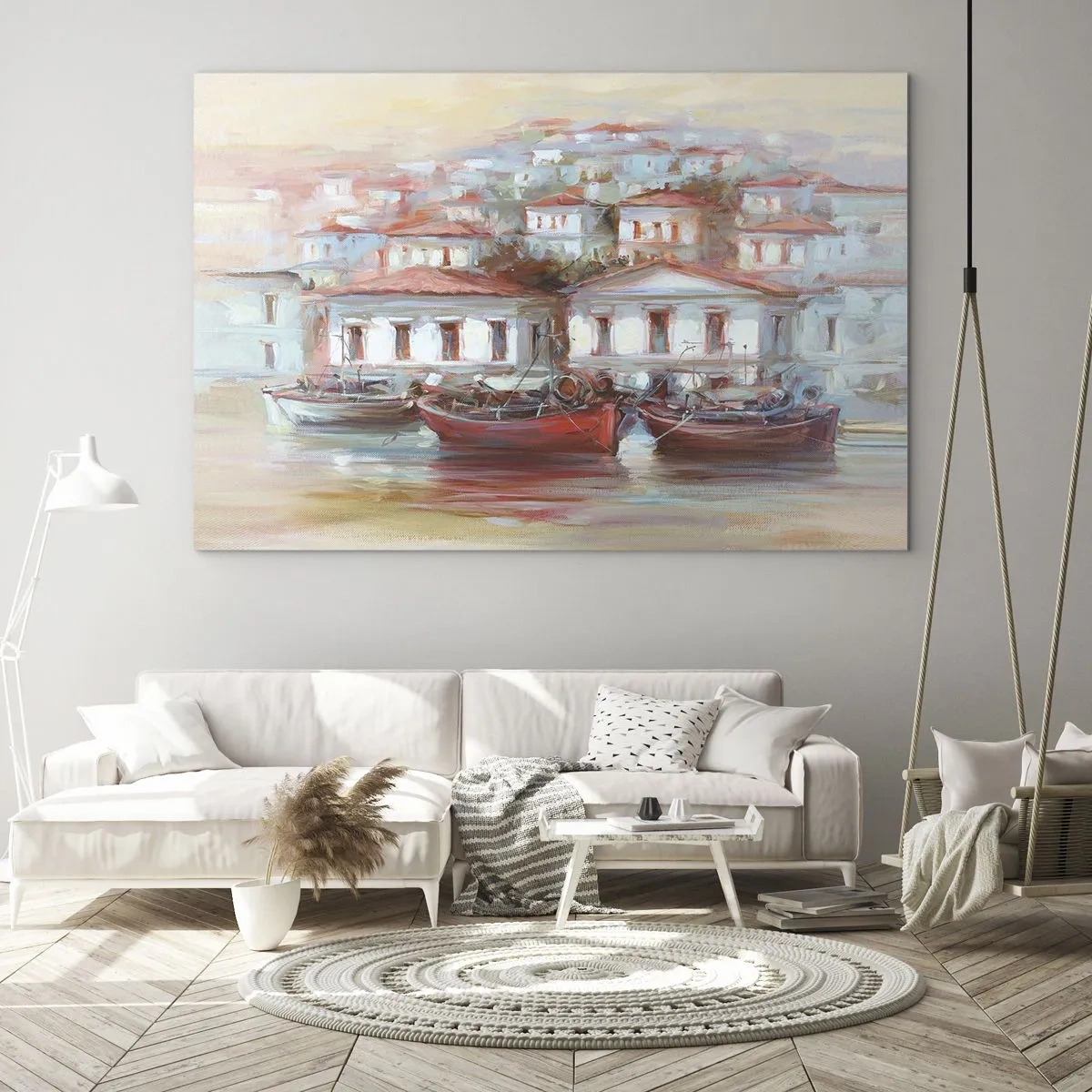 Obraz na skle - Malebné městečko s loděmi v přístavu při západu slunce - 70x50cm - Šťastné městečko - Moderní nástěnná dekorace do obývacího pokoje a ložnice ARTTOR