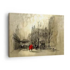 Obraz na plátně - Červená postava v nostalgickém městském prostředí - 70x50cm - Rande v londýnské mlze  - Moderní nástěnná dekorace do obývacího pokoje a ložnice ARTTOR