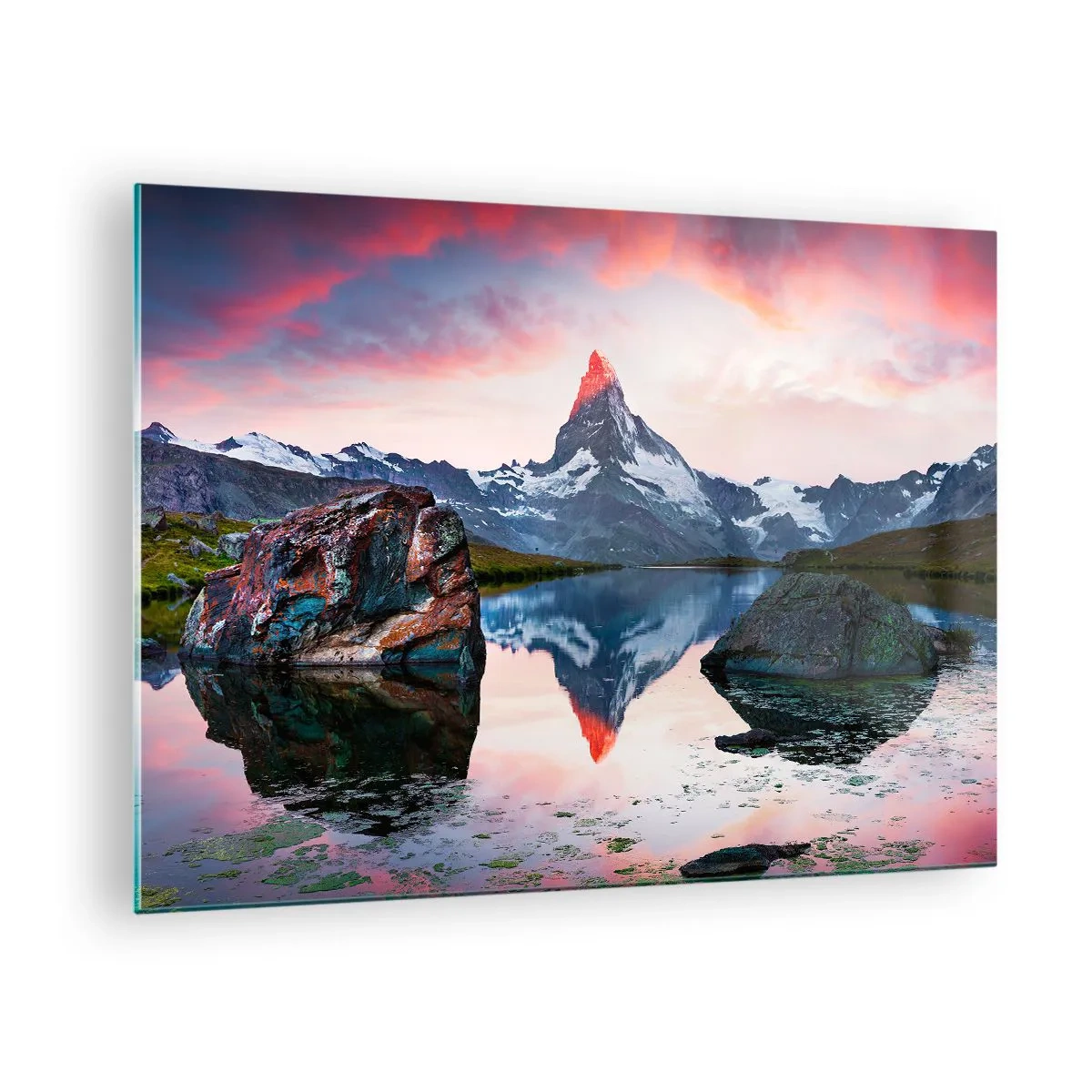 Obraz na skle - Vrchol hory odrážející se v klidné hladině jezera při západu slunce - 70x50cm - Srdce hor je vřelé - Moderní nástěnná dekorace do obývacího pokoje a ložnice ARTTOR