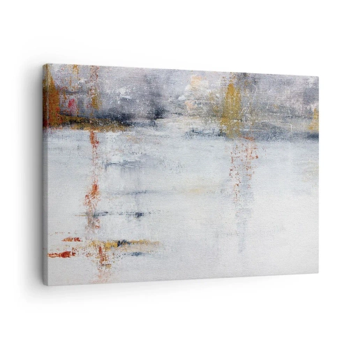 Obraz na plátně - Abstraktní krajina s rozmazanými akcenty šedé a zlaté. - 70x50cm - Za závojem vzduchu - Moderní nástěnná dekorace do obývacího pokoje a ložnice ARTTOR