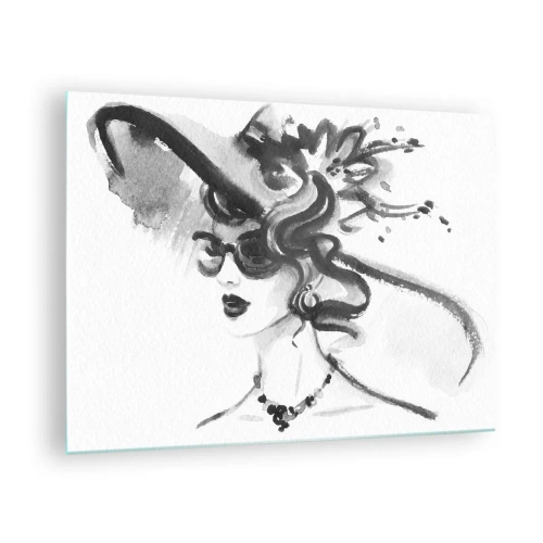 Obraz na skle - Černobílý portrét ženy v klobouku - 70x50cm - Dáma s charakterem - Moderní nástěnná dekorace do obývacího pokoje a ložnice ARTTOR